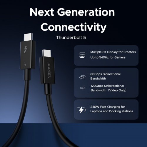 Кабель Ugreen L703 Thunderbolt 5 USB Type-C to USB Type-C 16K 1m (45996) Black купити в Україні: Київ, Львів, Хмельницький, Тернопіль | Низька ціна, відгуки, характеристики від TELEMART фото