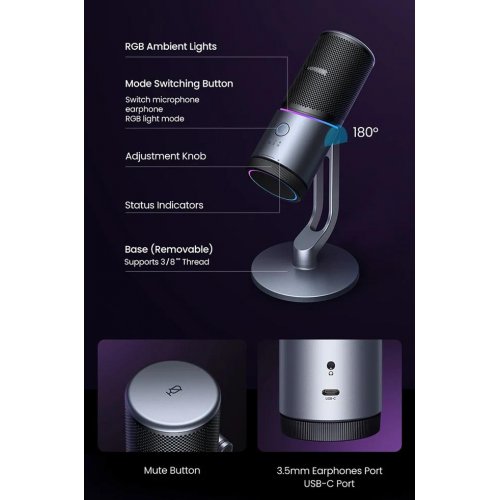 Мікрофон Ugreen CM769 RGB (35629) Black купити в Україні: Київ, Львів, Хмельницький, Тернопіль | Низька ціна, відгуки, характеристики від TELEMART фото