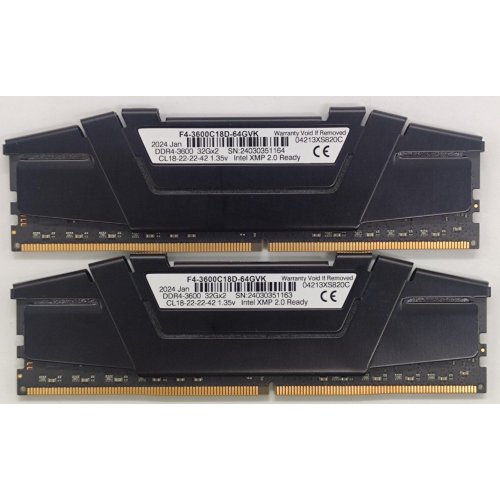 Озу G.Skill DDR4 64GB (2x32GB) 3600Mhz Ripjaws V Black (F4-3600C18D-64GVK) (Восстановлено продавцом, 826206) купить в Украине: Киев, Днепр, Харьков, Одесса  | Проверка совместимости, низкая цена, отзывы, характеристики от TELEMART фото