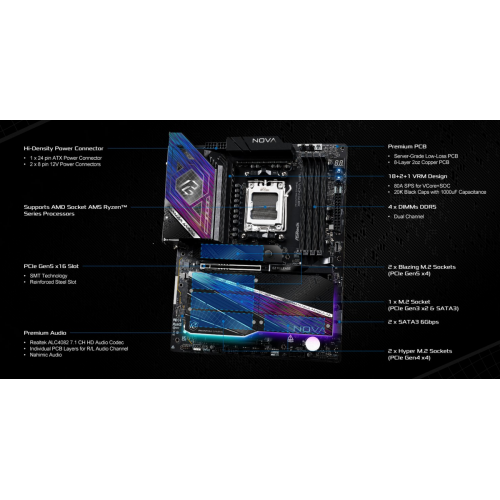 Материнська плата AsRock X870 Nova WiFi (sAM5, AMD X870) купити в Україні: Київ, Львів, Хмельницький, Тернопіль, Івано-Франківськ | Перевірка сумісності, низька ціна, відгуки, характеристики від TELEMART фото