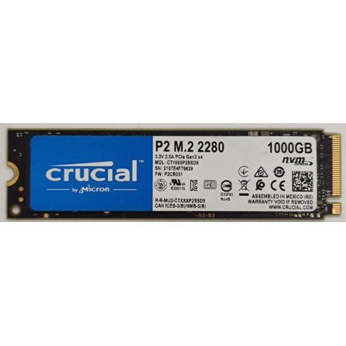 Ssd-диск Crucial P2 1TB M.2 (2280 PCI-E) NVMe x4 (CT1000P2SSD8) (Восстановлено продавцом, 828666) купить в Украине: Киев, Днепр, Харьков, Одесса  | Проверка совместимости, низкая цена, отзывы, характеристики от TELEMART фото