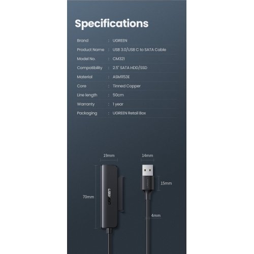Уцінка кабель-адаптер Ugreen CM321 2.5" SSD SATA - USB 3.0 (70609) Black (Розкрита упаковка, 829043) купити в Україні: Київ, Львів, Хмельницький, Тернопіль, Івано-Франківськ | Низька ціна, відгуки, характеристики від TELEMART фото