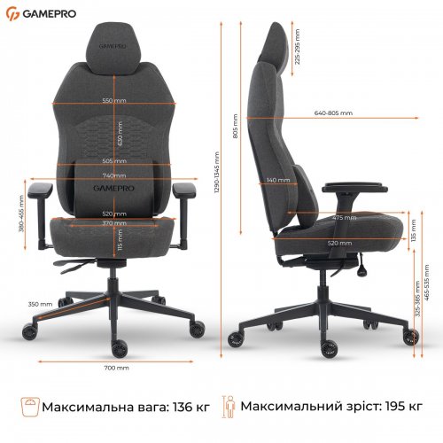 Игровое кресло GamePro GC760 Fabric Dark Grey купить в Украине: Киев, Днепр, Харьков, Одесса  | Низкая цена, отзывы, характеристики от TELEMART фото