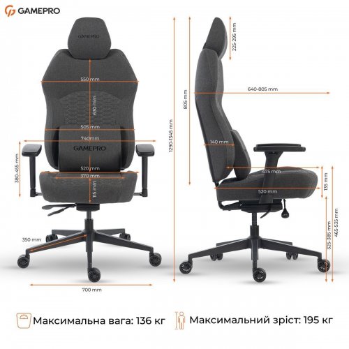 Ігрове крісло GamePro GC760 Fabric Dark Grey купити в Україні: Київ, Львів, Хмельницький, Тернопіль, Івано-Франківськ | Низька ціна, відгуки, характеристики від TELEMART фото