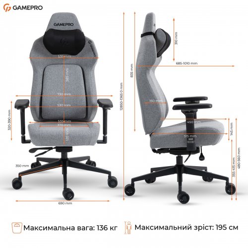 Игровое кресло GamePro GC925 Fabric Grey купить в Украине: Киев, Днепр, Харьков, Одесса  | Низкая цена, отзывы, характеристики от TELEMART фото