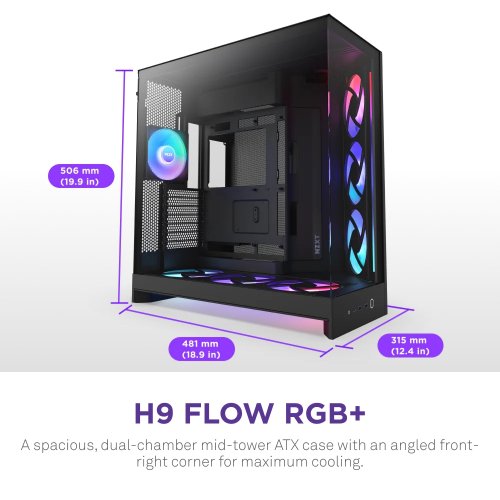 Корпус NZXT H9 Flow RGB+ Tempered Glass без БП (CM-H92FB-P1) Black купить в Украине: Киев, Днепр, Харьков, Одесса  | Проверка совместимости, низкая цена, отзывы, характеристики от TELEMART фото