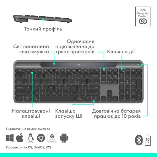 Клавиатура Logitech Signature Slim Solar+ Wireless (920-013764) Graphite купить в Украине: Киев, Днепр, Харьков, Одесса  | Низкая цена, отзывы, характеристики от TELEMART фото