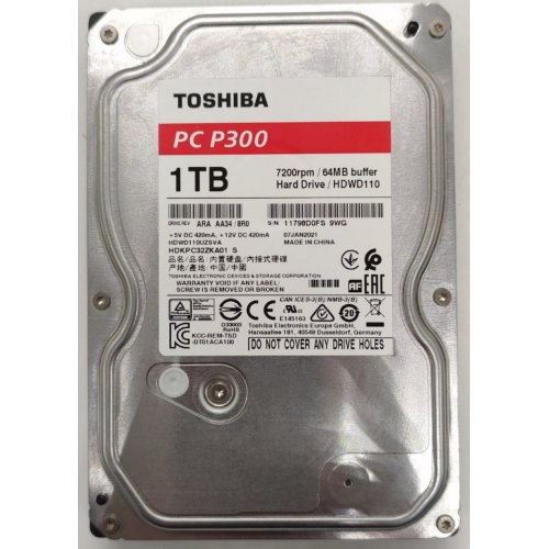 Жесткий диск Toshiba P300 1TB 64MB 7200RPM 3.5" (HDWD110UZSVA) (Восстановлено продавцом, 831372) купить в Украине: Киев, Днепр, Харьков, Одесса  | Проверка совместимости, низкая цена, отзывы, характеристики от TELEMART фото
