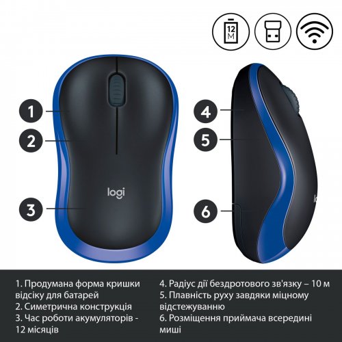 Купить Мышка Logitech M185 Wireless (910-002236) Blue - цена в Харькове, Киеве, Днепре, Одессе
в интернет-магазине Telemart фото