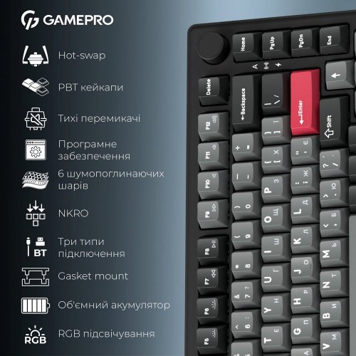 Клавиатура GamePro Asgard Yord MK266 Keychron Super Red Switch Wireless Black купить в Украине: Киев, Днепр, Харьков, Одесса  | Низкая цена, отзывы, характеристики от TELEMART фото