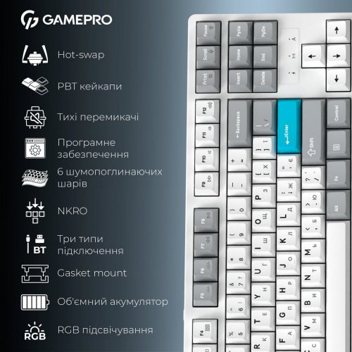 Клавіатура GamePro Asgard Ragnar MK285 Keychron Super Red Switch Wireless White купити в Україні: Київ, Львів, Хмельницький, Тернопіль, Івано-Франківськ | Низька ціна, відгуки, характеристики від TELEMART фото