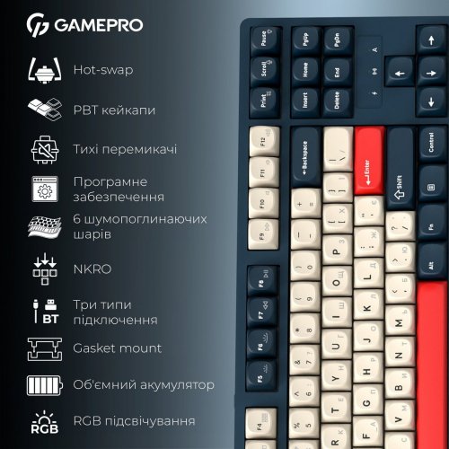 Клавіатура GamePro Asgard Ragnar MK285 Keychron Super Red Switch Wireless Blue купити в Україні: Київ, Львів, Хмельницький, Тернопіль, Івано-Франківськ | Низька ціна, відгуки, характеристики від TELEMART фото