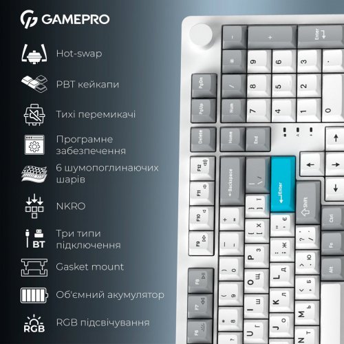 Клавіатура GamePro Asgard Drakkar MK305 Keychron Super Red Switch Wireless White купити в Україні: Київ, Львів, Хмельницький, Тернопіль, Івано-Франківськ | Низька ціна, відгуки, характеристики від TELEMART фото