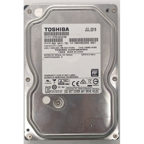 Жесткий диск Toshiba 1TB 32MB 7200RPM 3.5" (DT01ACA100) (Восстановлено продавцом, 832304) купить в Украине: Киев, Днепр, Харьков, Одесса  | Проверка совместимости, низкая цена, отзывы, характеристики от TELEMART фото