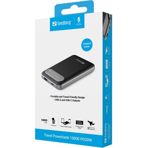 Powerbank Sandberg Travel 10000mAh 20W (421-16) купити в Україні: Київ, Львів, Хмельницький, Тернопіль, Івано-Франківськ | Низька ціна, відгуки, характеристики від TELEMART фото