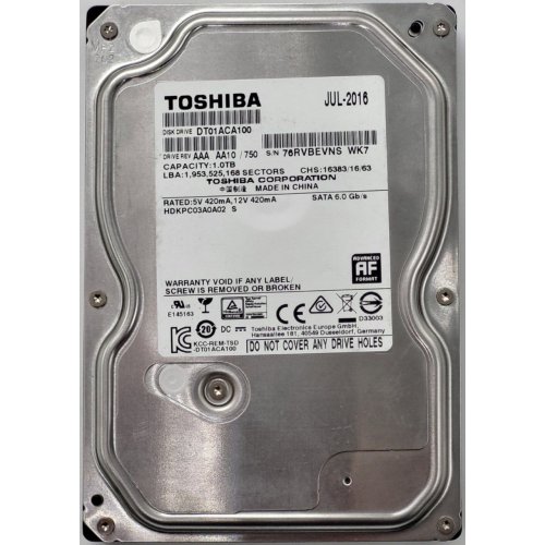 Жесткий диск Toshiba 1TB 32MB 7200RPM 3.5" (DT01ACA100) (Восстановлено продавцом, 832769) купить в Украине: Киев, Днепр, Харьков, Одесса  | Проверка совместимости, низкая цена, отзывы, характеристики от TELEMART фото