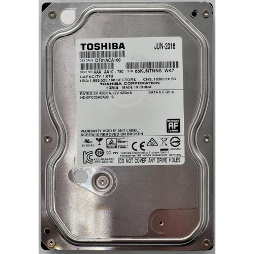 Жесткий диск Toshiba 1TB 32MB 7200RPM 3.5" (DT01ACA100) (Восстановлено продавцом, 832771) купить в Украине: Киев, Днепр, Харьков, Одесса  | Проверка совместимости, низкая цена, отзывы, характеристики от TELEMART фото