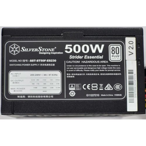 Блок живлення SilverStone Strider 500W (SST-ST50F-ES230 v2.0) (Відновлено продавцем, 833209) купити в Україні: Київ, Львів, Хмельницький, Тернопіль, Івано-Франківськ | Перевірка сумісності, низька ціна, відгуки, характеристики від TELEMART фото