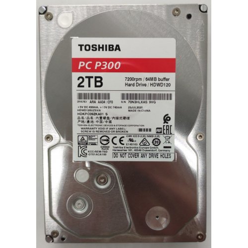 Жорсткий диск Toshiba P300 2TB 64MB 7200RPM 3.5'' (HDWD120UZSVA) (Відновлено продавцем, 833944) купити в Україні: Київ, Львів, Хмельницький, Тернопіль, Івано-Франківськ | Перевірка сумісності, низька ціна, відгуки, характеристики від TELEMART фото