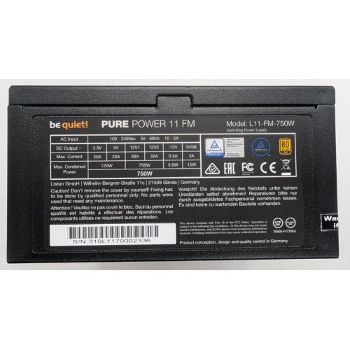 Блок живлення Be Quiet! Pure Power 11 FM 750W (BN319) (Відновлено продавцем, 835425) купити в Україні: Київ, Львів, Хмельницький, Тернопіль, Івано-Франківськ | Перевірка сумісності, низька ціна, відгуки, характеристики від TELEMART фото
