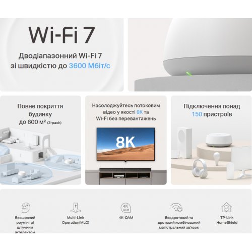 Wi-Fi роутер TP-LINK Deco BE22 BE3600 Whole Home Mesh WiFi 7 System (1-pack) купити в Україні: Київ, Львів, Хмельницький, Тернопіль, Івано-Франківськ | Низька ціна, відгуки, характеристики від TELEMART фото
