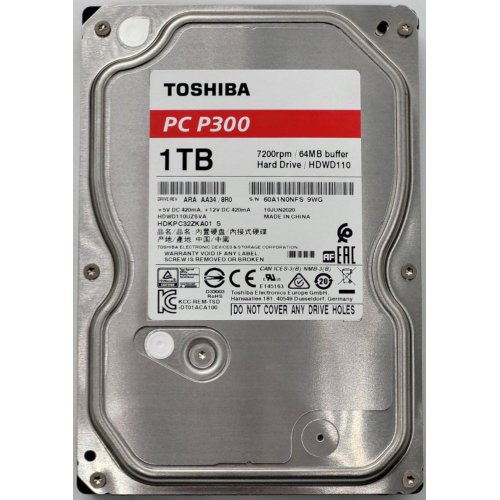 Жорсткий диск Toshiba P300 1TB 64MB 7200RPM 3.5" (HDWD110UZSVA) (Відновлено продавцем, 837658) купити в Україні: Київ, Львів, Хмельницький, Тернопіль, Івано-Франківськ | Перевірка сумісності, низька ціна, відгуки, характеристики від TELEMART фото