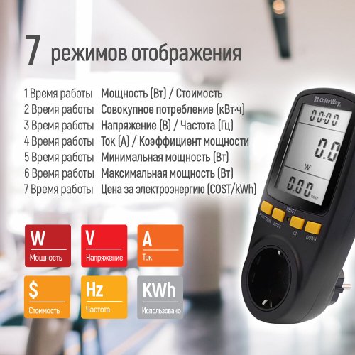 Энергометр цифровой ColorWay Power meter для розетки (CW-VM16-02D) Black купить в Украине: Киев, Днепр, Харьков, Одесса  | Низкая цена, отзывы, характеристики от TELEMART фото