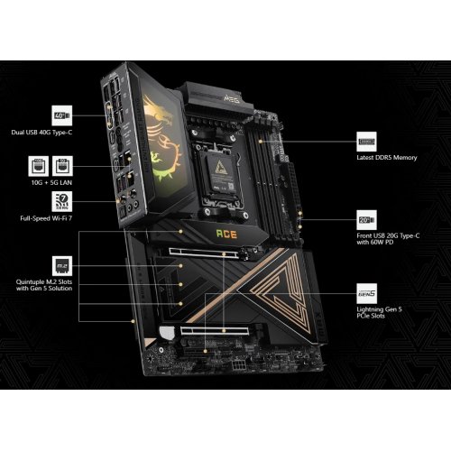 Материнська плата MSI MEG X870E ACE MAX (sAM5, AMD X870E) купити в Україні: Київ, Львів, Хмельницький, Тернопіль, Івано-Франківськ | Перевірка сумісності, низька ціна, відгуки, характеристики від TELEMART фото