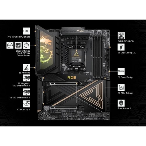 Материнська плата MSI MEG X870E ACE MAX (sAM5, AMD X870E) купити в Україні: Київ, Львів, Хмельницький, Тернопіль, Івано-Франківськ | Перевірка сумісності, низька ціна, відгуки, характеристики від TELEMART фото