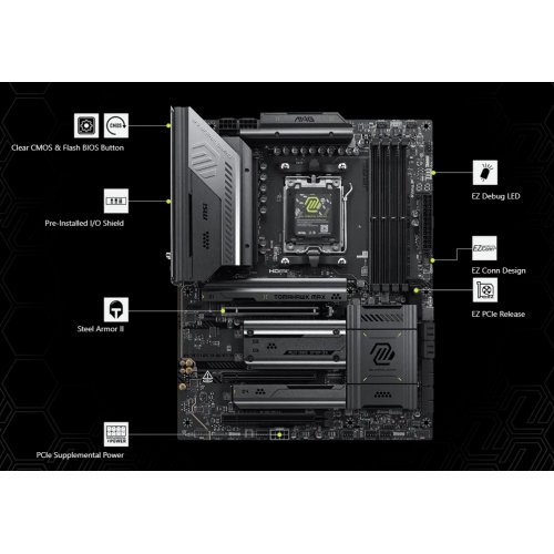 Материнська плата MSI MAG X870E TOMAHAWK MAX WIFI (sAM5, AMD X870E) купити в Україні: Київ, Львів, Хмельницький, Тернопіль, Івано-Франківськ | Перевірка сумісності, низька ціна, відгуки, характеристики від TELEMART фото