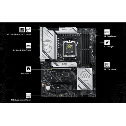 Материнська плата MSI MAG X870E GAMING MAX WIFI (sAM5, AMD X870E) купити в Україні: Київ, Львів, Хмельницький, Тернопіль, Івано-Франківськ | Перевірка сумісності, низька ціна, відгуки, характеристики від TELEMART фото