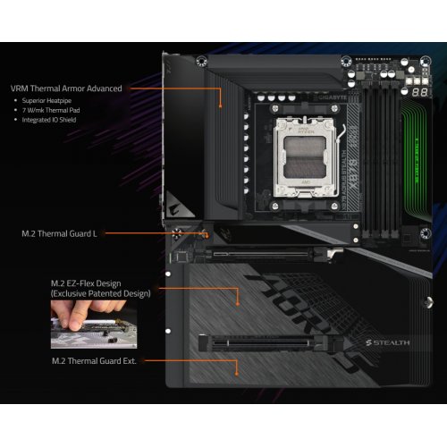 Материнська плата Gigabyte X870 AORUS STEALTH (sAM5, AMD X870) купити в Україні: Київ, Львів, Хмельницький, Тернопіль, Івано-Франківськ | Перевірка сумісності, низька ціна, відгуки, характеристики від TELEMART фото