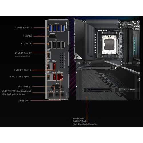 Материнська плата Gigabyte X870 AORUS STEALTH (sAM5, AMD X870) купити в Україні: Київ, Львів, Хмельницький, Тернопіль, Івано-Франківськ | Перевірка сумісності, низька ціна, відгуки, характеристики від TELEMART фото
