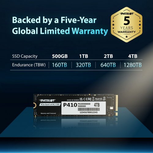 SSD-диск Patriot P410 1TB M.2 (2280 PCI-E) NVMe x4 (P410P1TBM28H) купить в Украине: Киев, Днепр, Харьков, Одесса  | Проверка совместимости, низкая цена, отзывы, характеристики от TELEMART фото