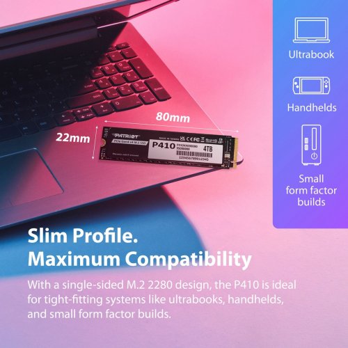 SSD-диск Patriot P410 2TB M.2 (2280 PCI-E) NVMe x4 (P410P2TBM28H) купить в Украине: Киев, Днепр, Харьков, Одесса  | Проверка совместимости, низкая цена, отзывы, характеристики от TELEMART фото
