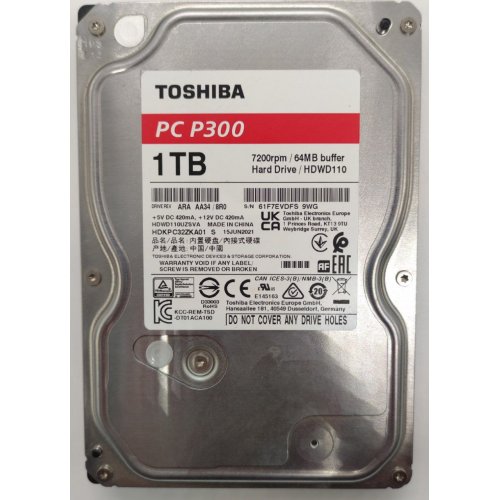 Жесткий диск Toshiba P300 1TB 64MB 7200RPM 3.5" (HDWD110UZSVA) (Восстановлено продавцом, 839205) купить в Украине: Киев, Днепр, Харьков, Одесса  | Проверка совместимости, низкая цена, отзывы, характеристики от TELEMART фото