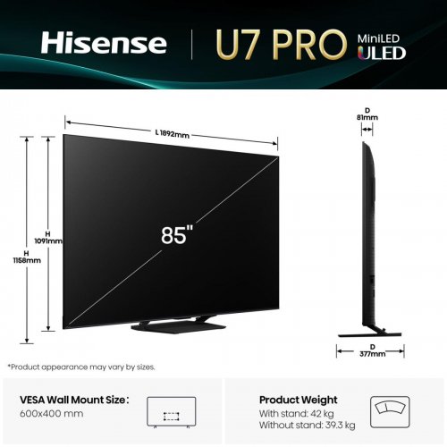 Телевізор Hisense 85" 85U7Q PRO Black купити в Україні: Київ, Львів, Хмельницький, Тернопіль, Івано-Франківськ | Низька ціна, відгуки, характеристики від TELEMART фото