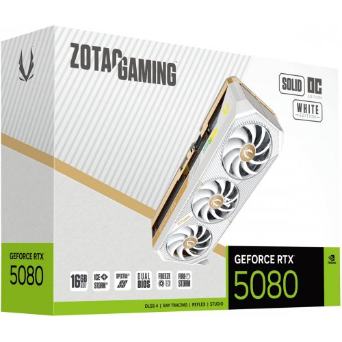 Відеокарта Zotac GeForce RTX 5080 GAMING SOLID OC White 16384MB (ZT-B50800Q-10P) купити в Україні: Київ, Львів, Хмельницький, Тернопіль, Івано-Франківськ | Перевірка сумісності, низька ціна, відгуки, характеристики від TELEMART фото
