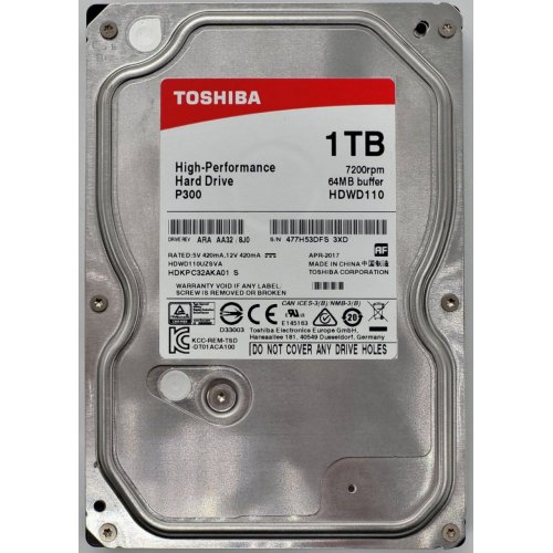 Жорсткий диск Toshiba P300 1TB 64MB 7200RPM 3.5" (HDWD110UZSVA) (Відновлено продавцем, 840335) купити в Україні: Київ, Львів, Хмельницький, Тернопіль, Івано-Франківськ | Перевірка сумісності, низька ціна, відгуки, характеристики від TELEMART фото