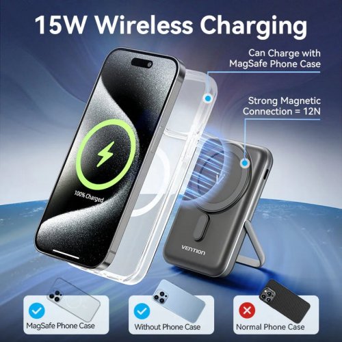 Powerbank Vention Magnetic Wireless 10000mAh 20W (FHNB0) Black купить в Украине: Киев, Днепр, Харьков, Одесса  | Низкая цена, отзывы, характеристики от TELEMART фото