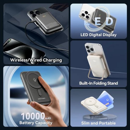 Powerbank Vention Magnetic Wireless 10000mAh 20W (FHNW0) White купить в Украине: Киев, Днепр, Харьков, Одесса  | Низкая цена, отзывы, характеристики от TELEMART фото