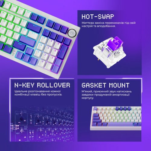 Клавіатура Proove Gaming Slicker Special Edition RGB Huano Kobe Wireless (WKSLSE022401) Black/Purple купити в Україні: Київ, Львів, Хмельницький, Тернопіль, Івано-Франківськ | Низька ціна, відгуки, характеристики від TELEMART фото