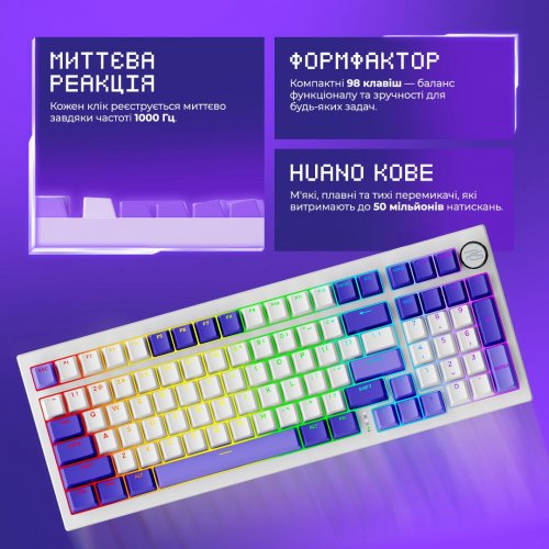 Клавіатура Proove Gaming Slicker Special Edition RGB Huano Kobe Wireless (WKSLSE022416) White/Purple купити в Україні: Київ, Львів, Хмельницький, Тернопіль, Івано-Франківськ | Низька ціна, відгуки, характеристики від TELEMART фото