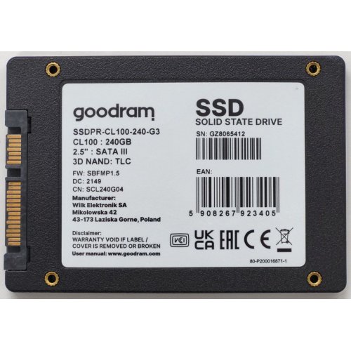 Ssd-диск GoodRAM CL100 Gen.3 3D NAND TLC 240GB 2.5" (SSDPR-CL100-240-G3) (Відновлено продавцем, 842451) купити в Україні: Київ, Львів, Хмельницький, Тернопіль, Івано-Франківськ | Перевірка сумісності, низька ціна, відгуки, характеристики від TELEMART фото