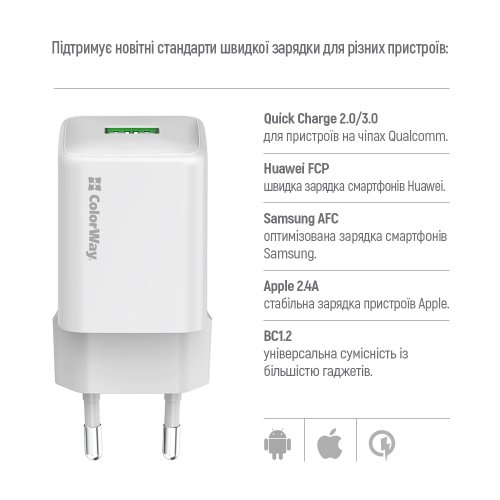 Сетевое зарядное устройство ColorWay V2 USB 18W (CW-CHS063Q-WT) White купить в Украине: Киев, Днепр, Харьков, Одесса  | Низкая цена, отзывы, характеристики от TELEMART фото