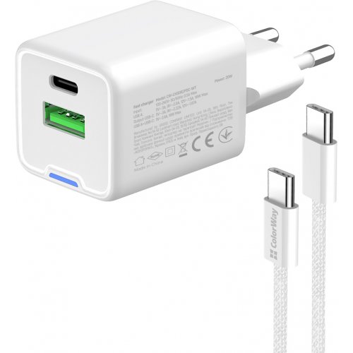 

ColorWay GaN Mini USB + USB Type-C 20W + Cable USB Type-C (CW-CHS062PDC-WT) White