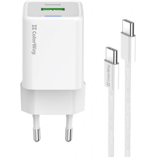 Мережевий зарядний пристрій ColorWay GaN Mini USB + USB Type-C 20W + Cable USB Type-C (CW-CHS062PDC-WT) White купити в Україні: Київ, Львів, Хмельницький, Тернопіль, Івано-Франківськ | Низька ціна, відгуки, характеристики від TELEMART фото