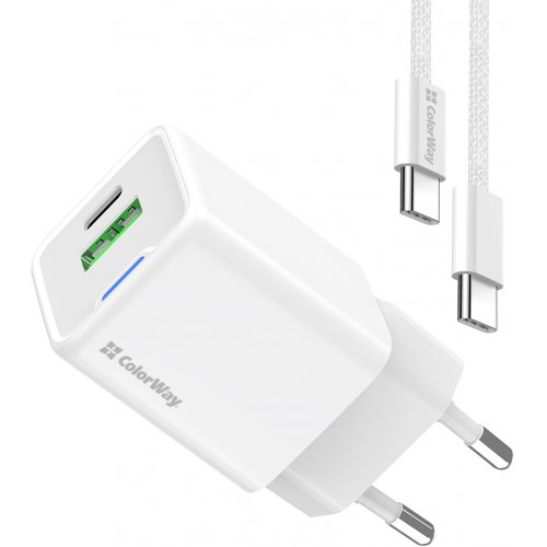 Мережевий зарядний пристрій ColorWay GaN Mini USB + USB Type-C 20W + Cable USB Type-C (CW-CHS062PDC-WT) White купити в Україні: Київ, Львів, Хмельницький, Тернопіль, Івано-Франківськ | Низька ціна, відгуки, характеристики від TELEMART фото