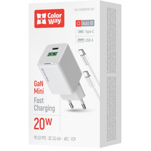Мережевий зарядний пристрій ColorWay GaN Mini USB + USB Type-C 20W + Cable USB Type-C (CW-CHS062PDC-WT) White купити в Україні: Київ, Львів, Хмельницький, Тернопіль, Івано-Франківськ | Низька ціна, відгуки, характеристики від TELEMART фото