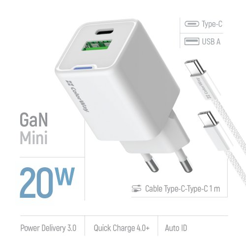 Мережевий зарядний пристрій ColorWay GaN Mini USB + USB Type-C 20W + Cable USB Type-C (CW-CHS062PDC-WT) White купити в Україні: Київ, Львів, Хмельницький, Тернопіль, Івано-Франківськ | Низька ціна, відгуки, характеристики від TELEMART фото